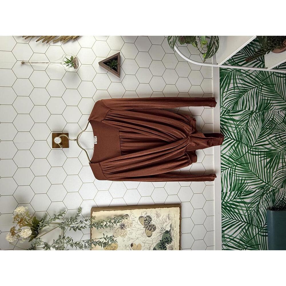Free People Rust Brown Draped Long Sleeve Knot Front Top